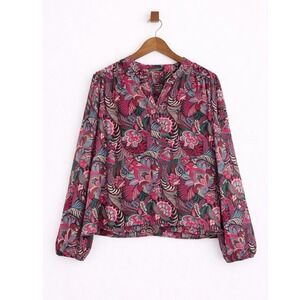 LOFT Womens XL Paisley Floral Long Sleeve Button Front Blouse Pink Blue Navy